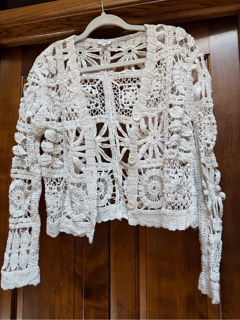 En Creme Cream Crochet Openwork Button Cardigan